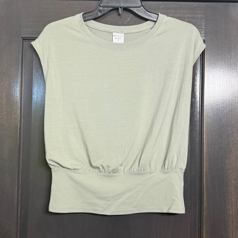 Athleta Womens Sage Green Sleeveless Blouson Elastic Hem Crew Neck Top Size S